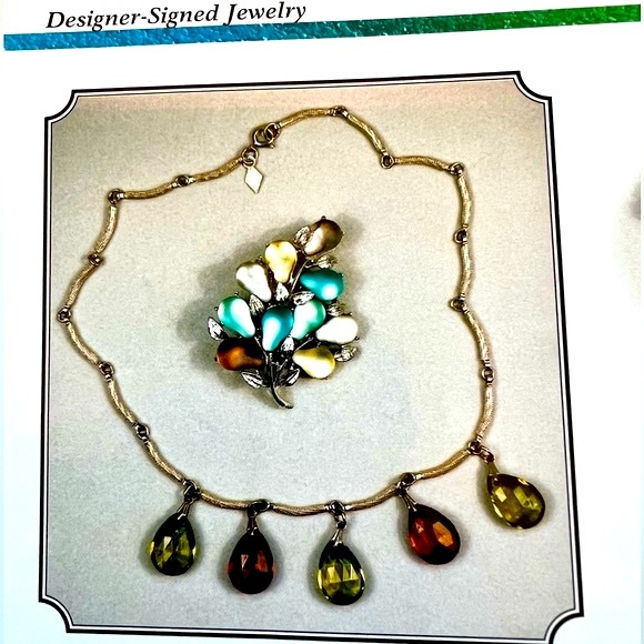 Sarah Coventry Hard-to-Find Faceted Green Orange Teardrop Necklace Book Piece - Picture 11 of 12